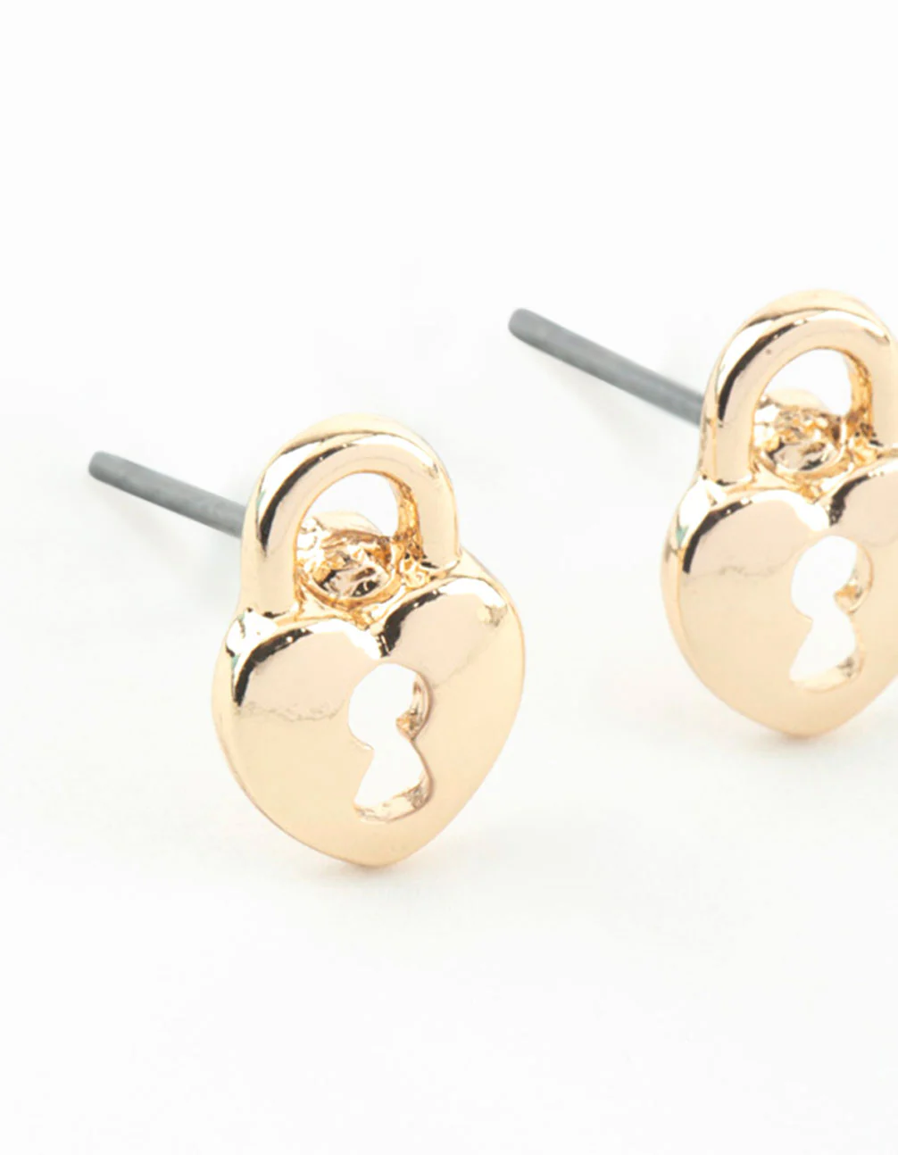 Gold Heart Lock Textured Stud Earrings - Image 2