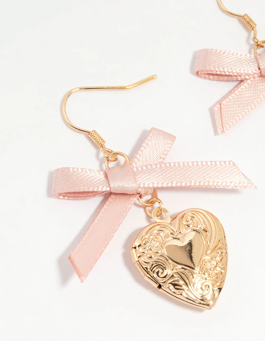 Gold Heart Locket & Pink Bow Drop Earrings - Image 2