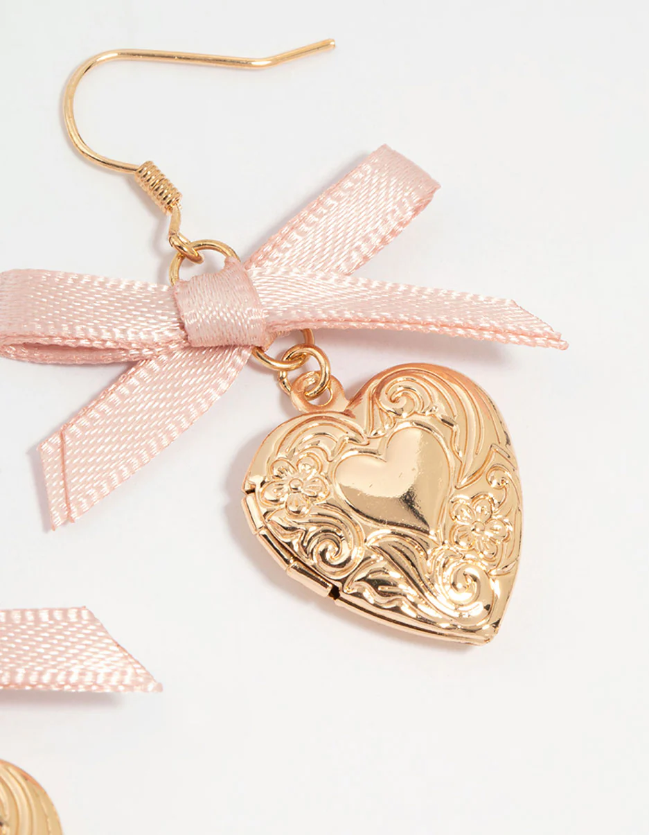 Gold Heart Locket & Pink Bow Drop Earrings - Image 3