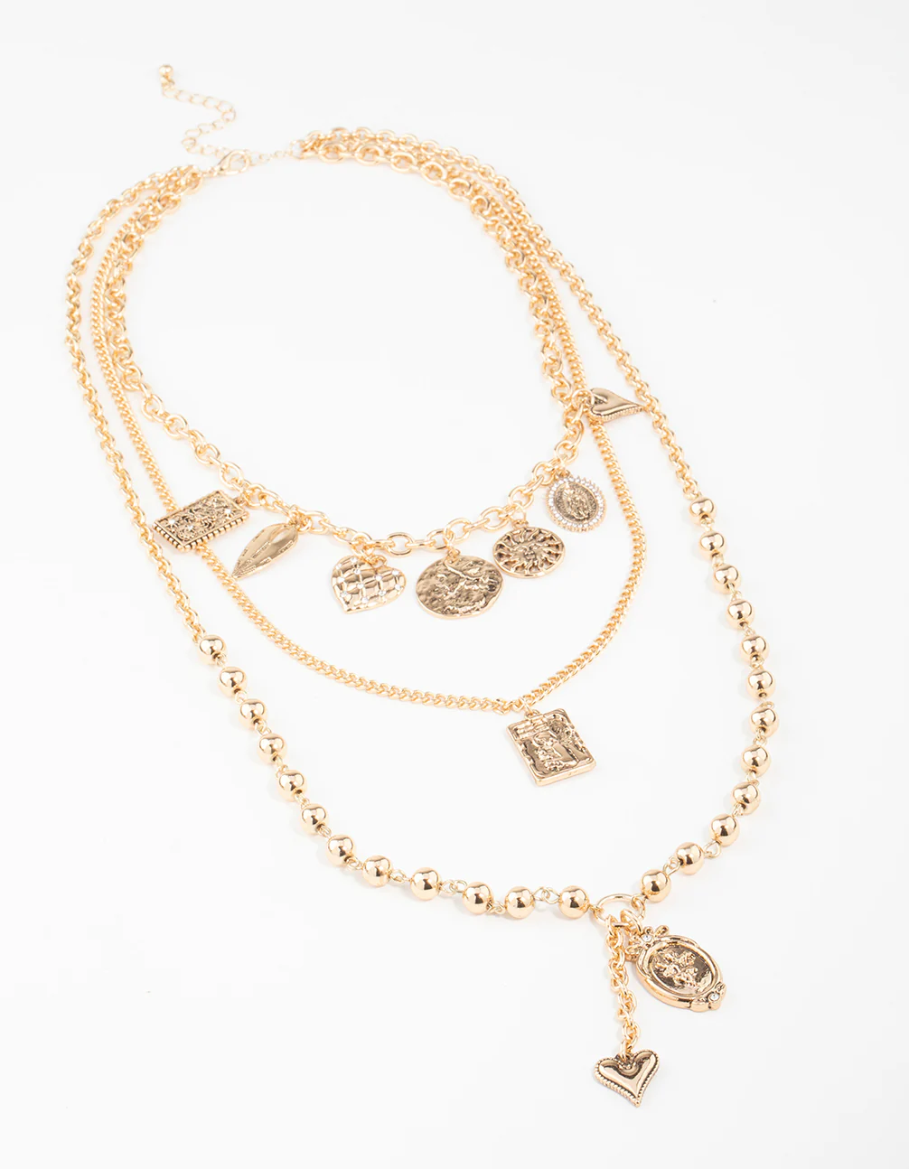 Gold Heart & Textured Charm Layered Necklace - Image 2