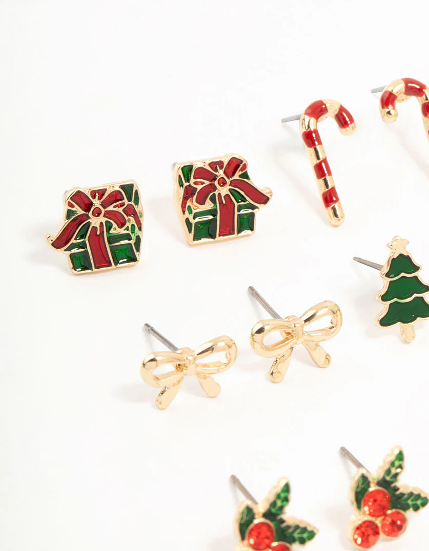 Gold Holly & Candy Cane Stud Earrings 12-Pack - Image 2