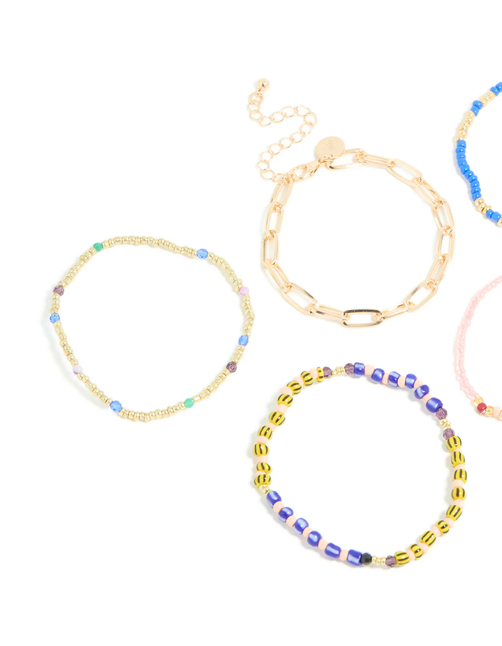 Gold Large Chain & Blue Beaded Bracelets 5-Pack - Image 2