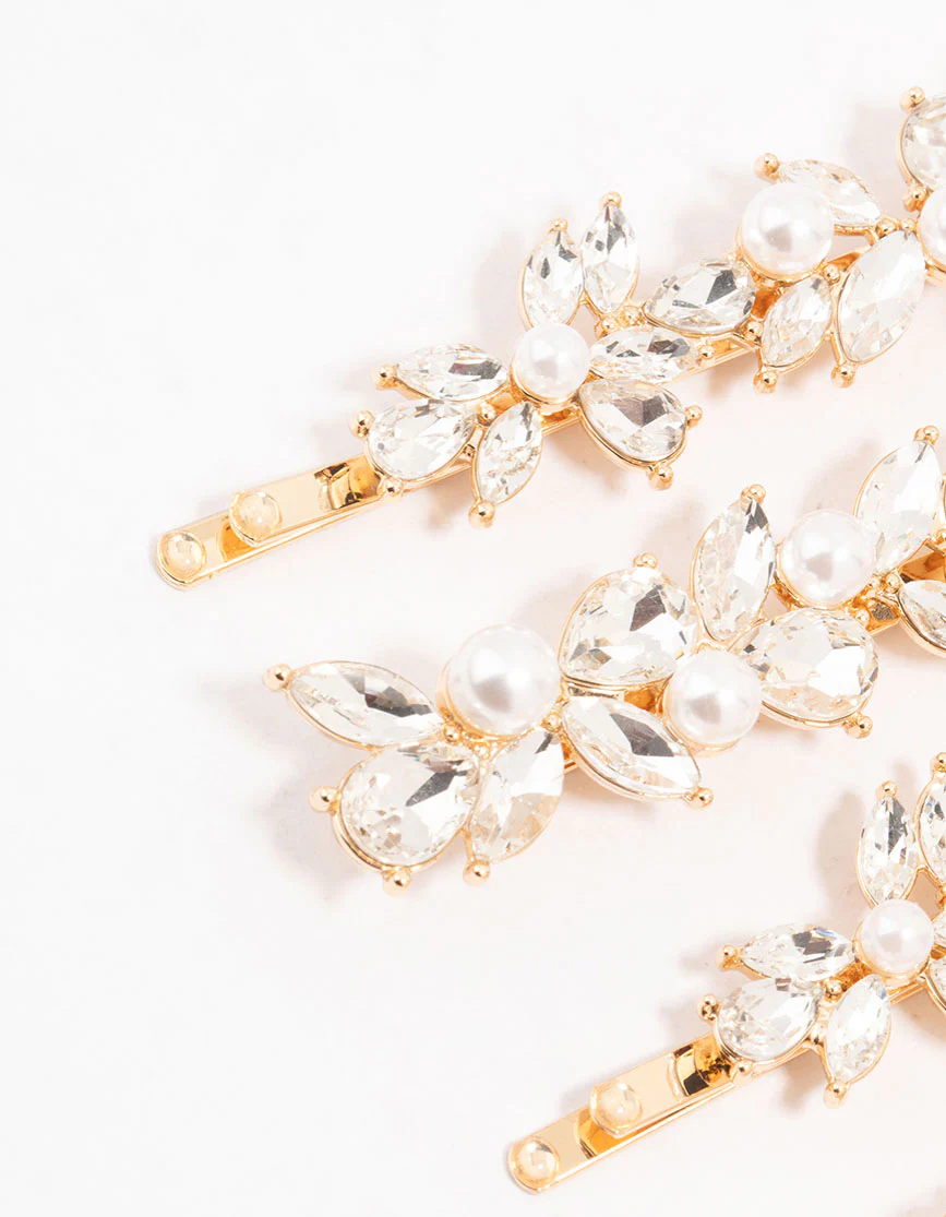 Gold Leafy Diamante Crystal & Freshwater Pearl Hair Clips 4-Pack - Image 2