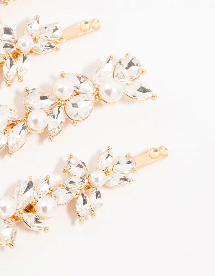 Gold Leafy Diamante Crystal & Freshwater Pearl Hair Clips 4-Pack - Image 3