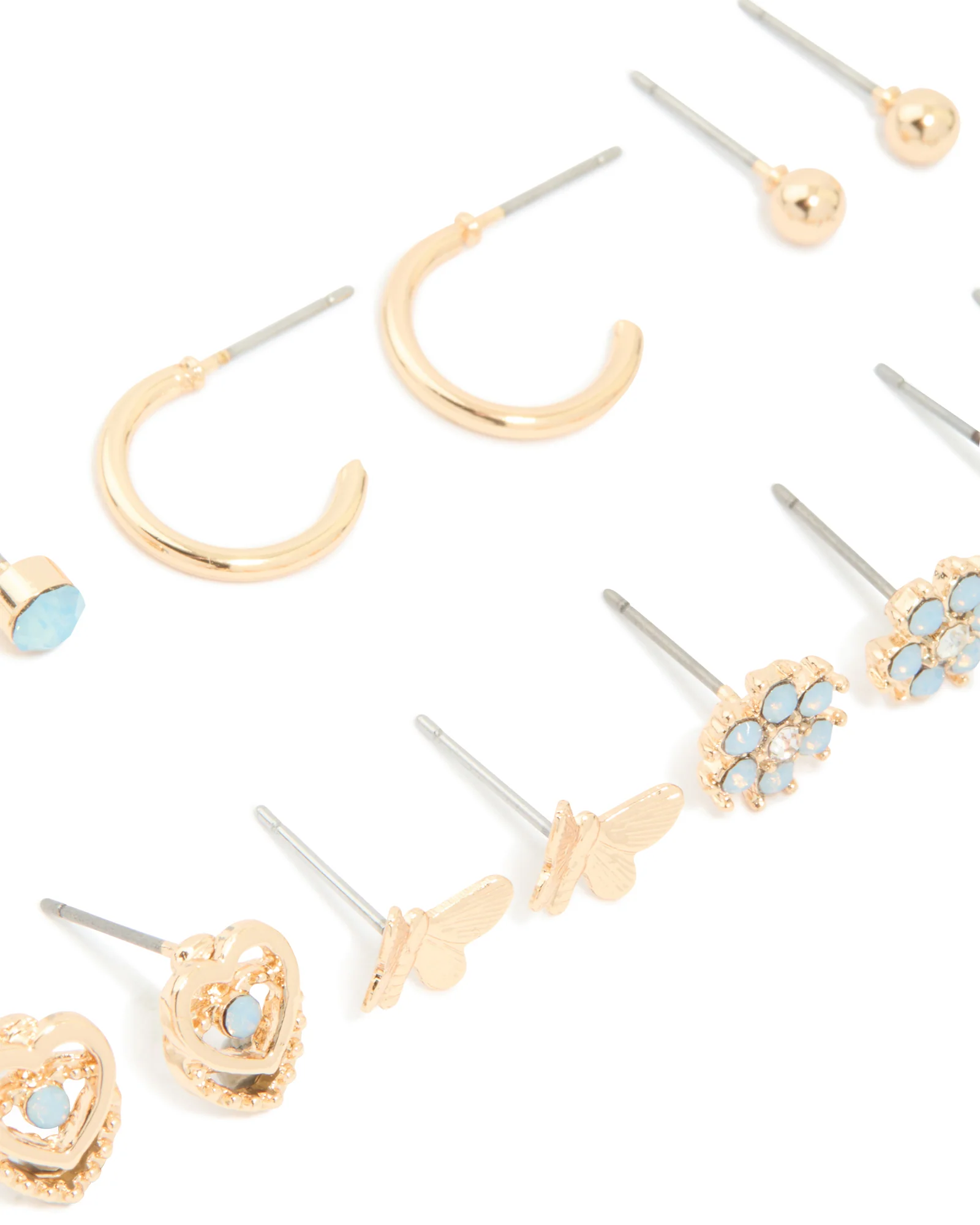 Gold Light Blue Diamante Flower Stud Earrings 7-Pack - Image 2