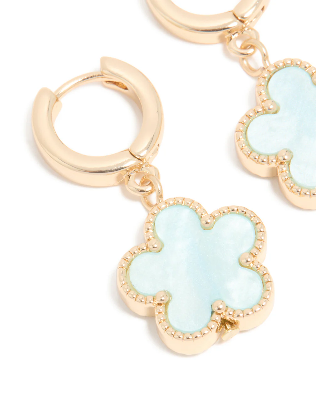 Gold Light Blue Flower Drop Huggie Earrings - Image 4