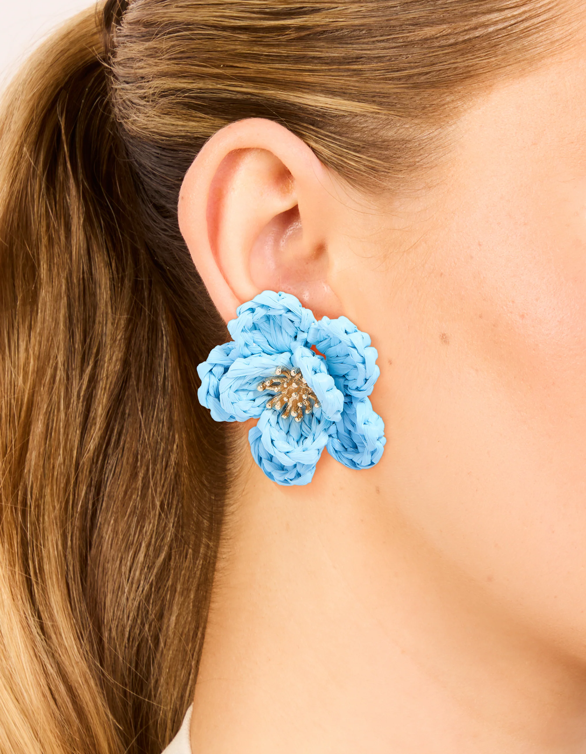 Gold Light Blue Flower Medallion Earrings - Image 2