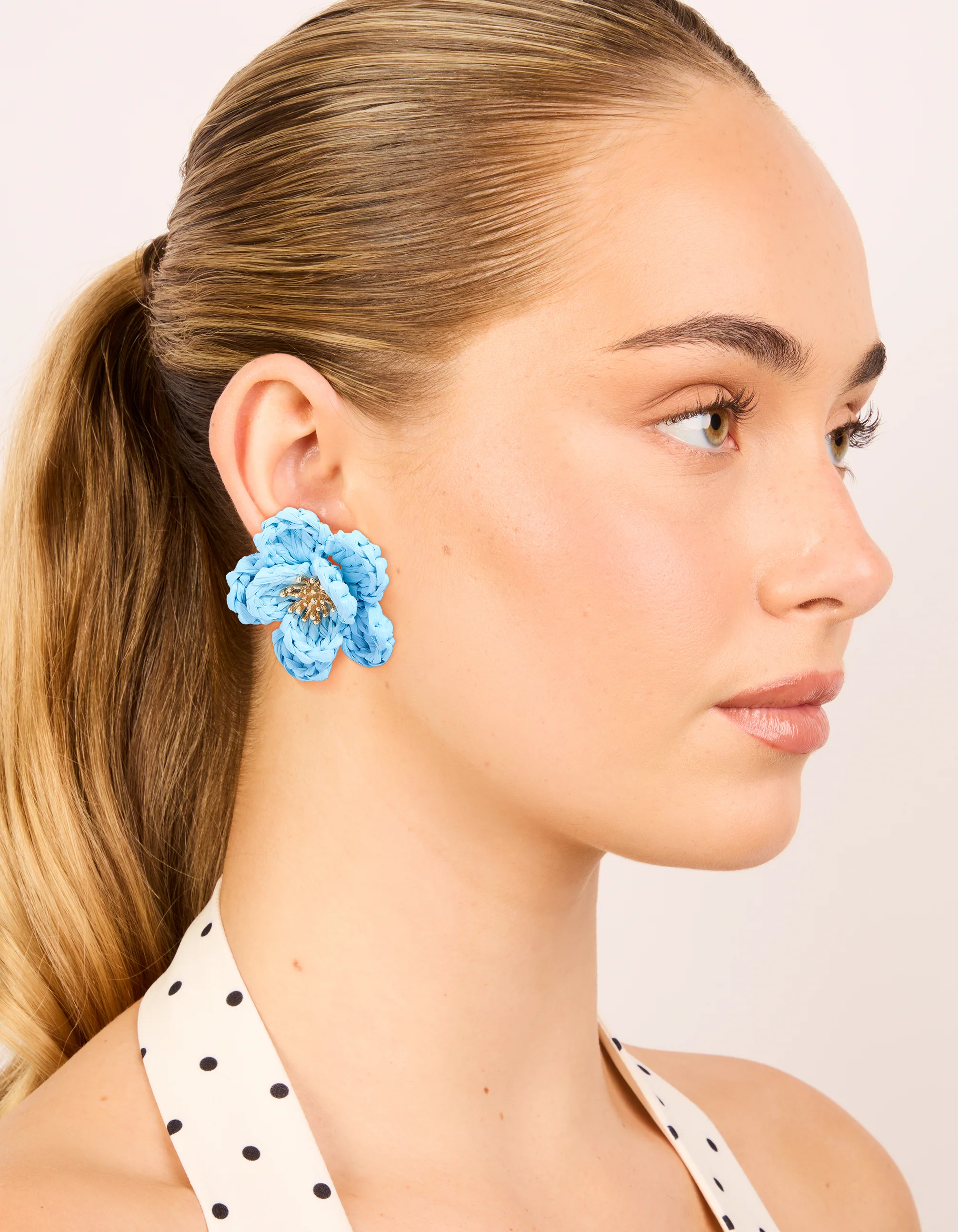 Gold Light Blue Flower Medallion Earrings - Image 3