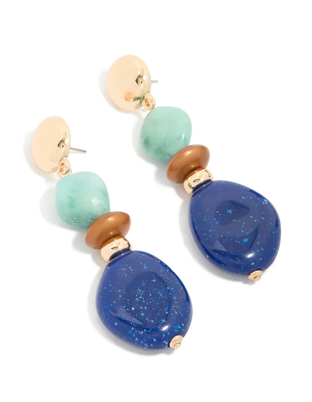 Gold Light & Dark Blue Acrylic Bead Drop Earrings - Image 2