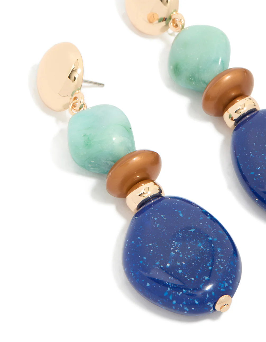 Gold Light & Dark Blue Acrylic Bead Drop Earrings - Image 4