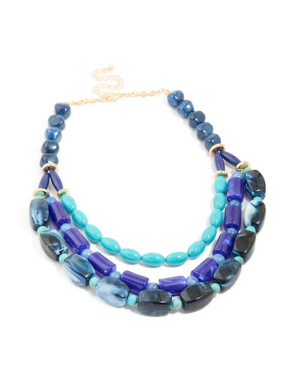 Gold Light & Dark Blue Acrylic Beaded Layered Chain Necklace - Image 2
