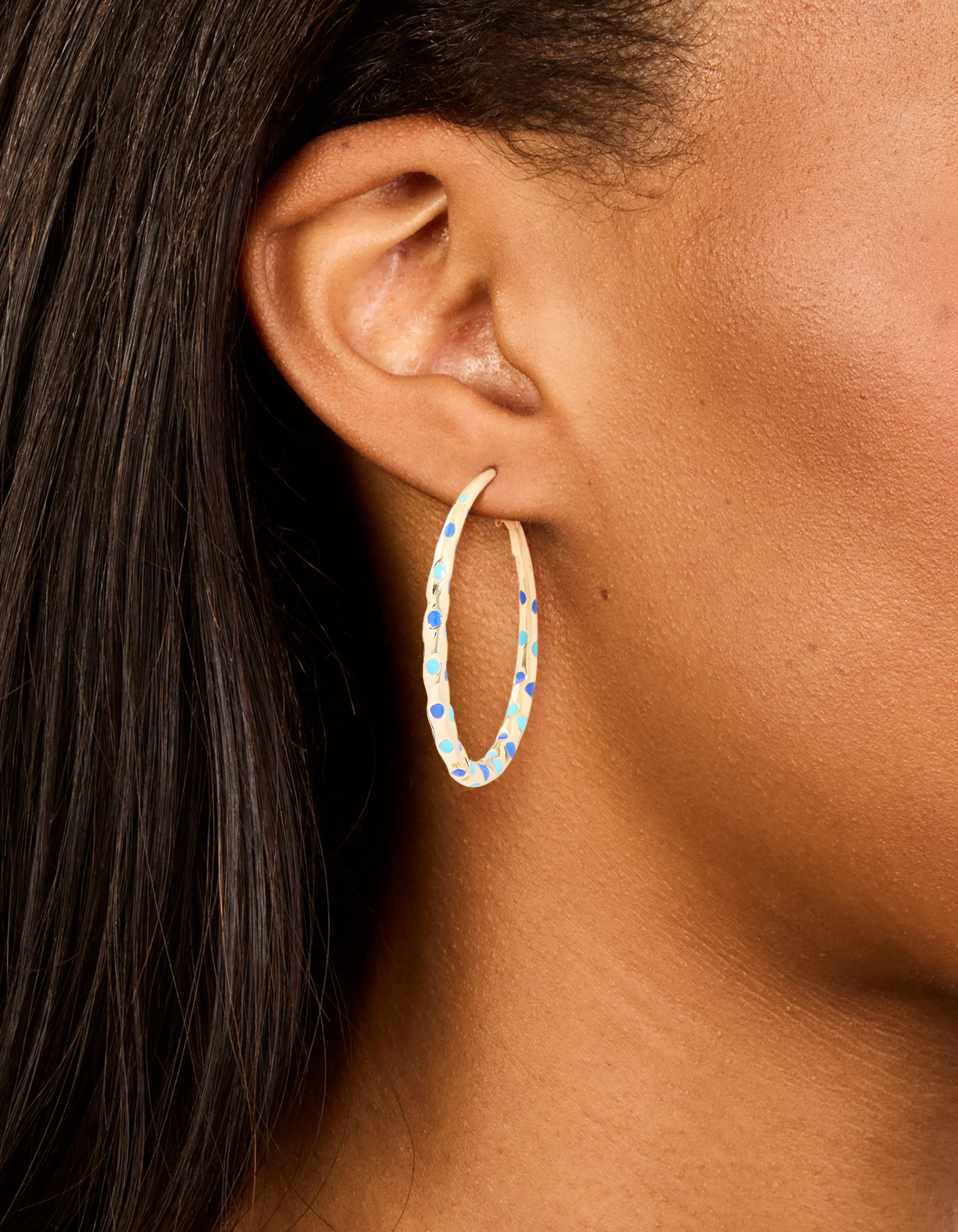 Gold Light & Dark Blue Enamel Dotted Large Thin Hoop Earrings - Image 2