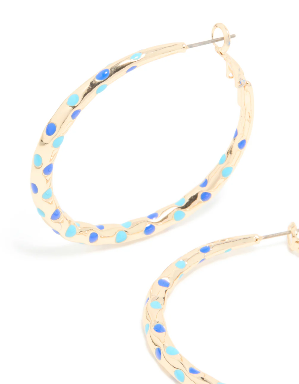 Gold Light & Dark Blue Enamel Dotted Large Thin Hoop Earrings - Image 4