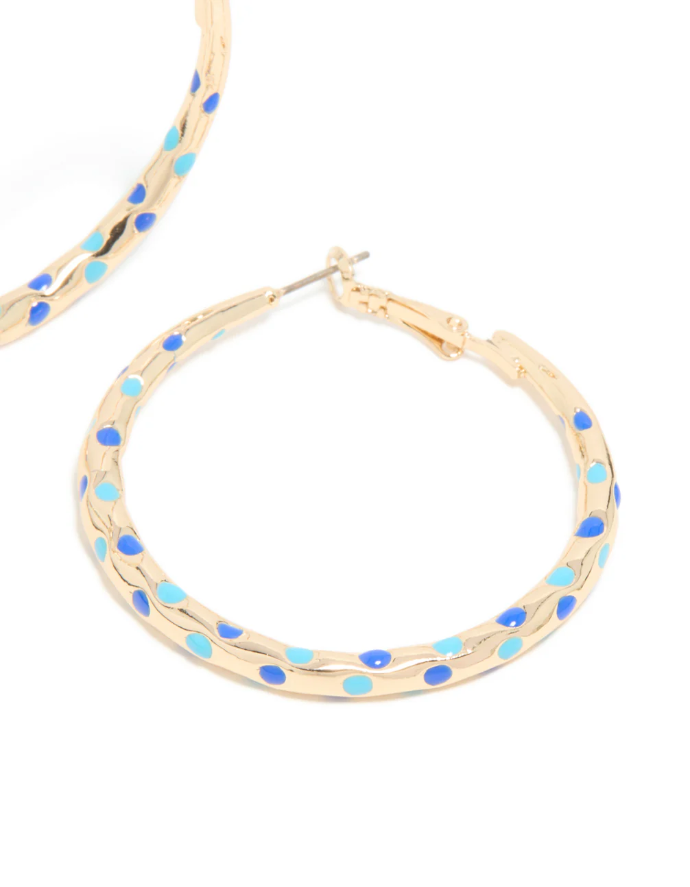 Gold Light & Dark Blue Enamel Dotted Large Thin Hoop Earrings - Image 5