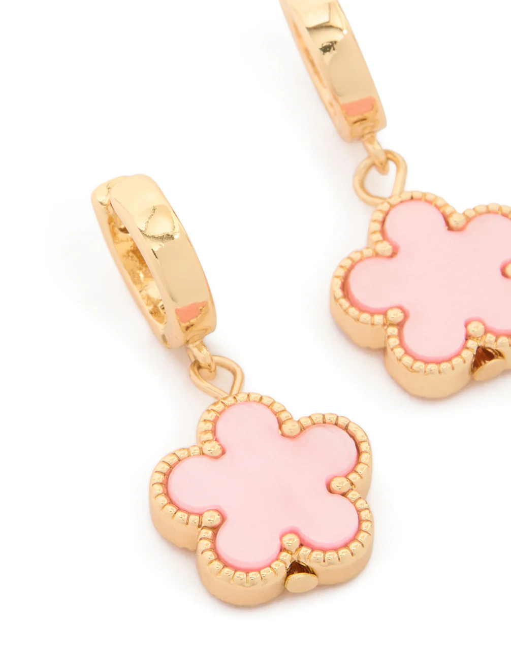 Gold Light Pink Flower Drop Huggie Earrings - Image 2