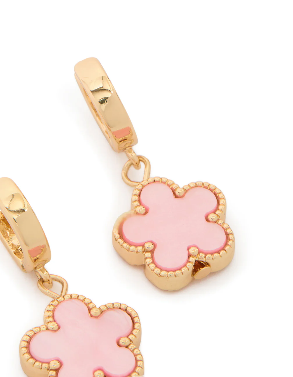 Gold Light Pink Flower Drop Huggie Earrings - Image 3