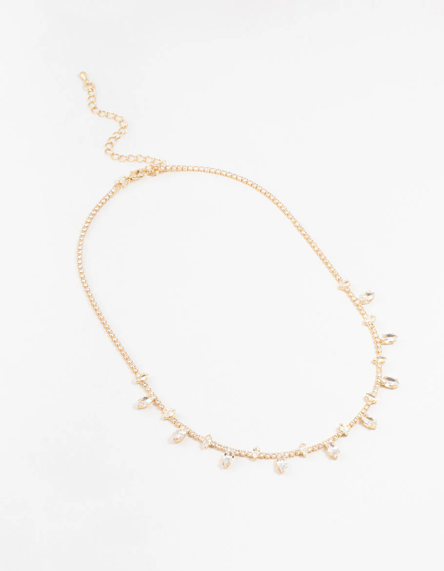 Gold Marquise Cubic Zirconia Station Necklace - Image 2