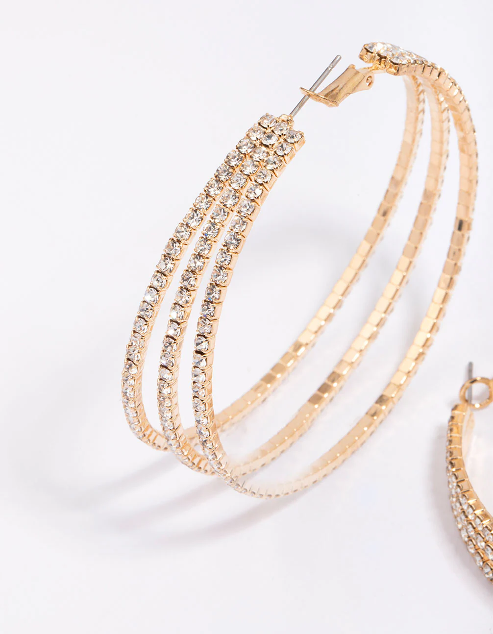 Gold Medium Triple Row Diamante Hoop Earrings - Image 2