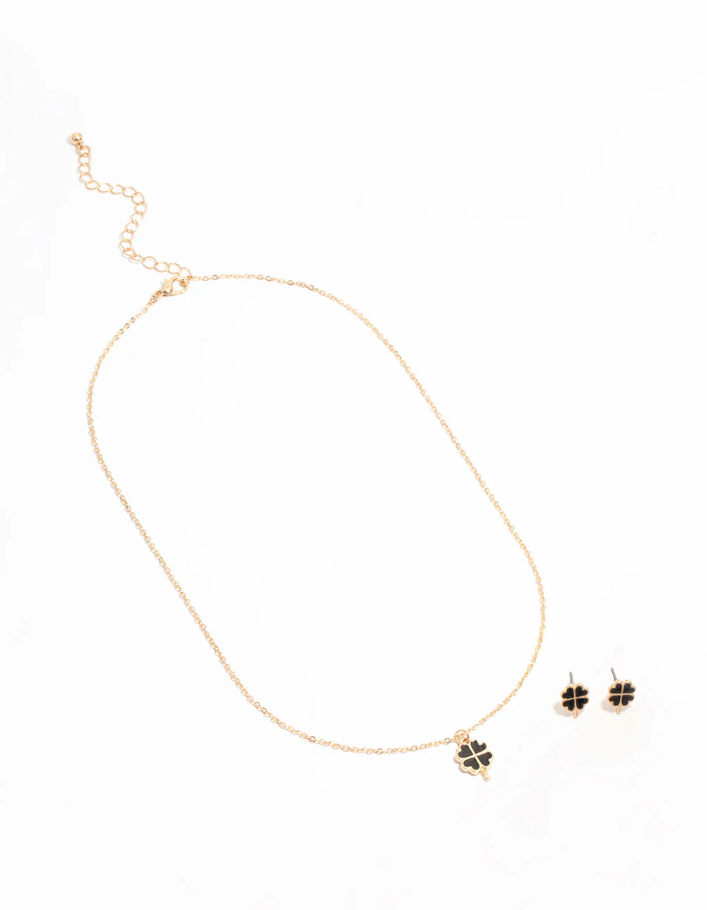Gold Mini Black Clover Necklace & Earrings Set - Image 2