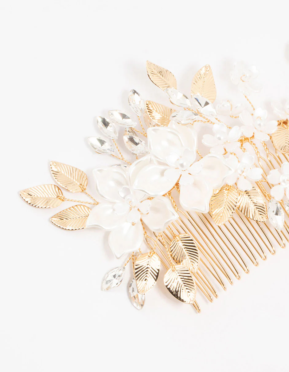 Gold Mixed Flower & Leaf Hair Comb - Image 2