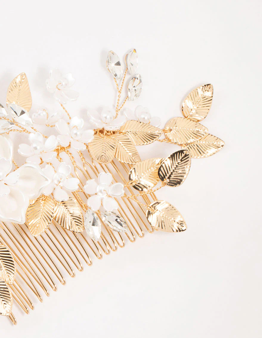 Gold Mixed Flower & Leaf Hair Comb - Image 3