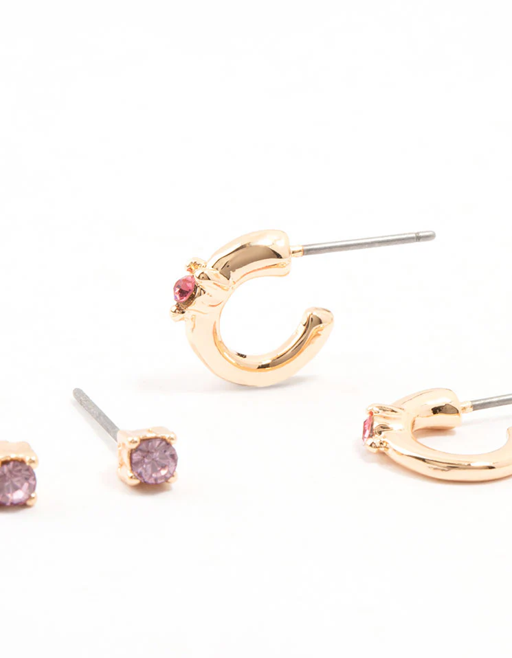 Gold Mixed Round & Marquise Purple Diamante Crystal Earrings 3-Pack - Image 2