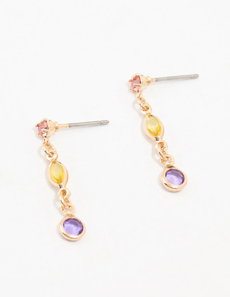 Gold Mixed Round & Marquise Purple Diamante Crystal Earrings 3-Pack - Image 3