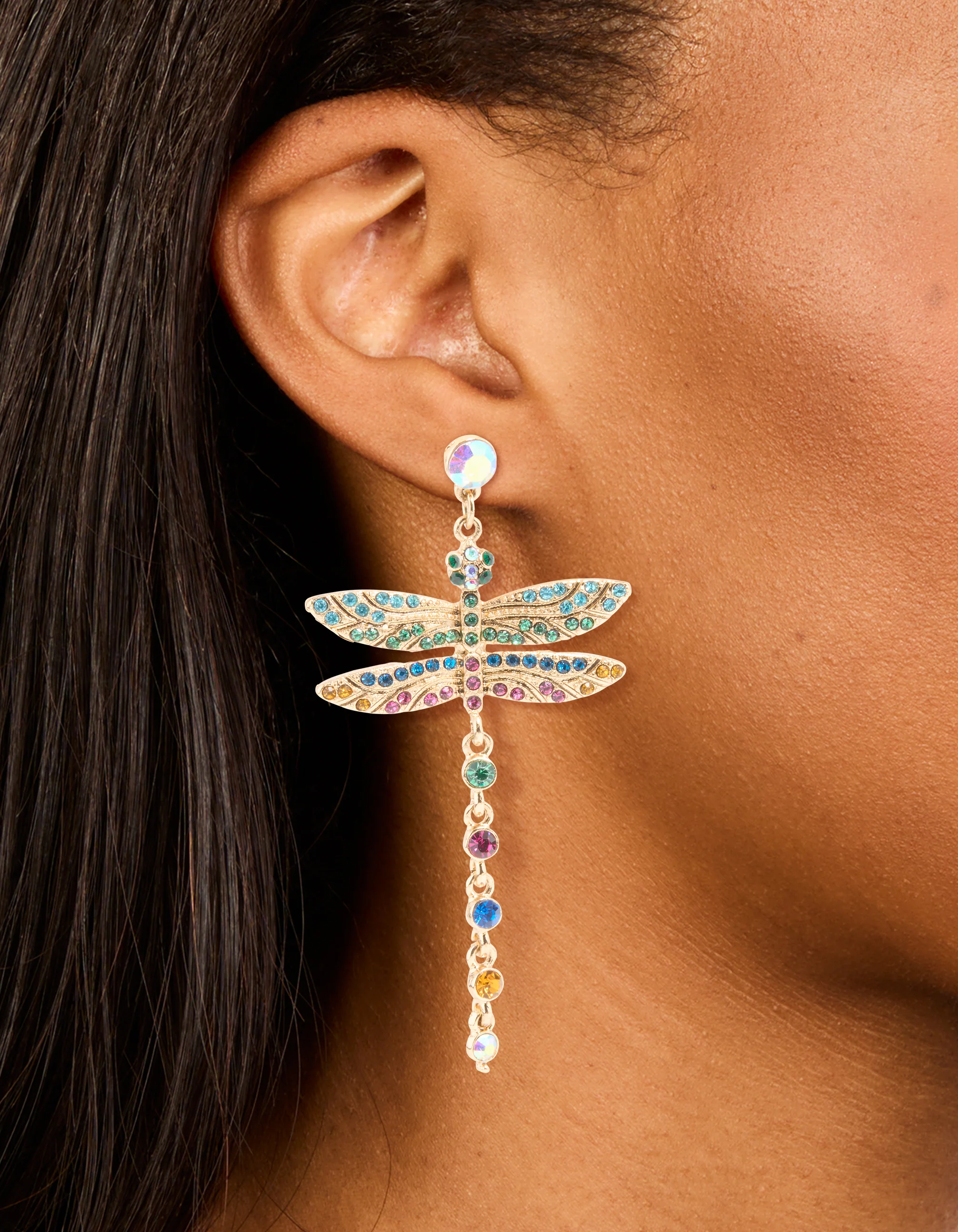 Gold Multicoloured Diamante Dragonfly Drop Earrings - Image 2