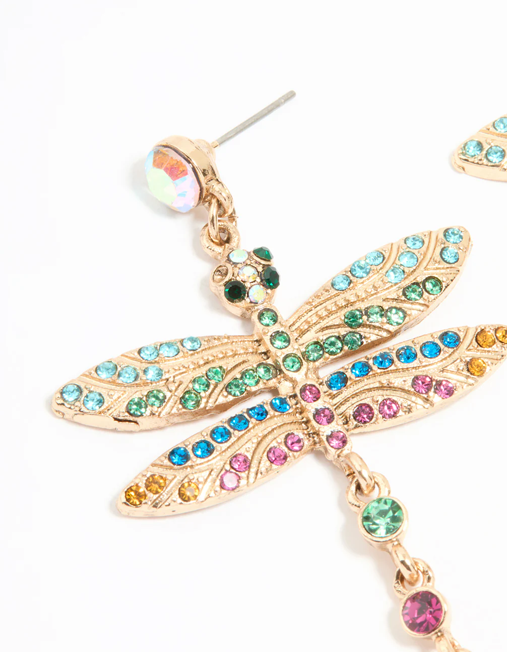 Gold Multicoloured Diamante Dragonfly Drop Earrings - Image 4