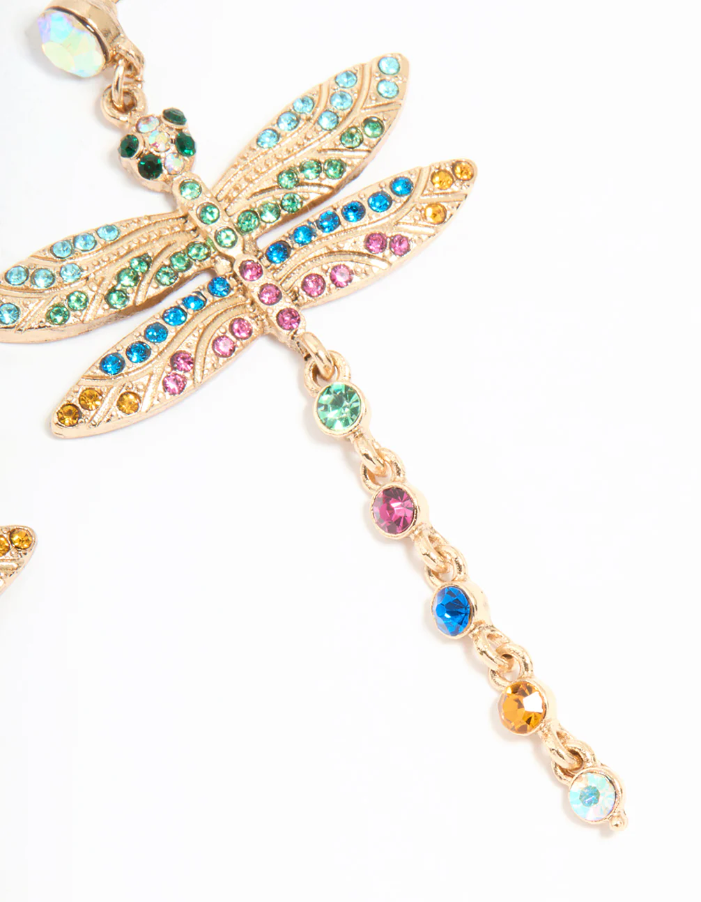 Gold Multicoloured Diamante Dragonfly Drop Earrings - Image 5