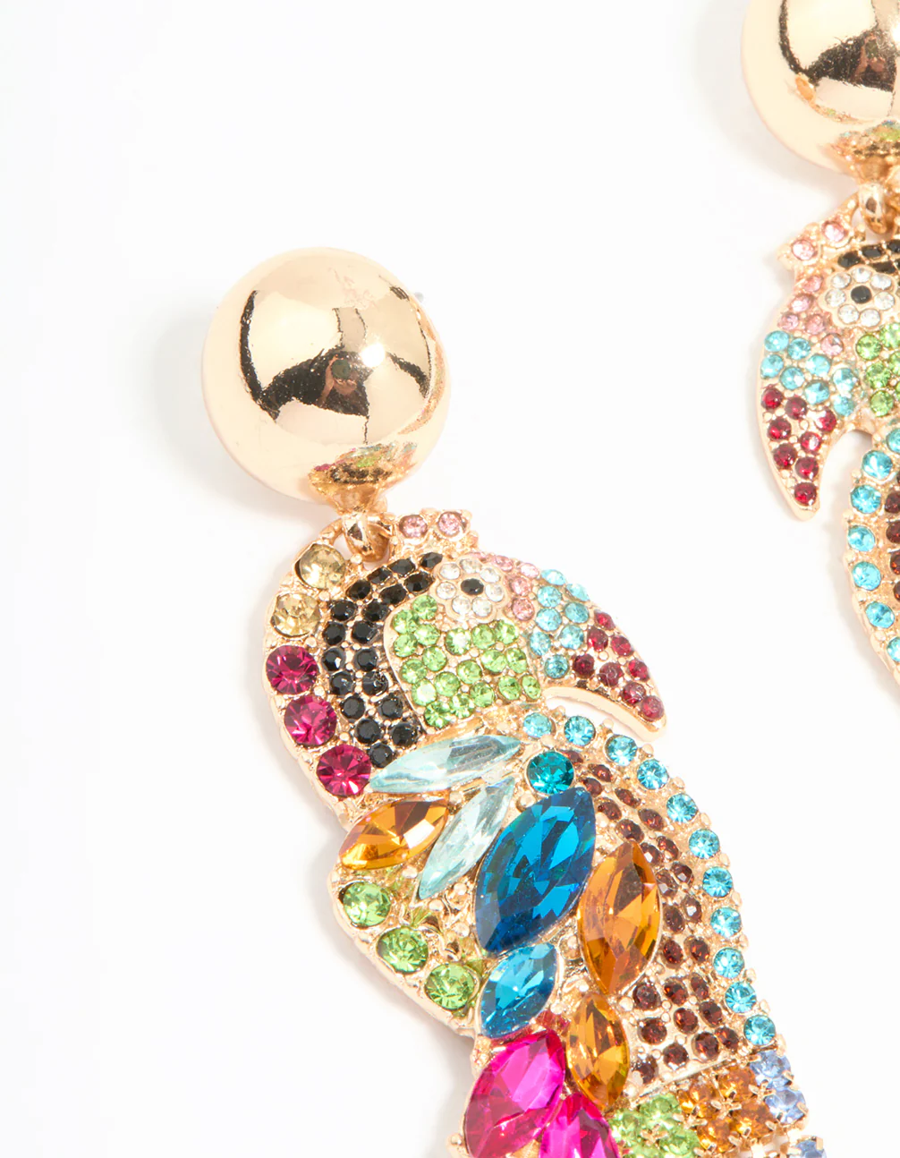 Gold Multicoloured Diamante Parrot Drop Earrings - Image 2