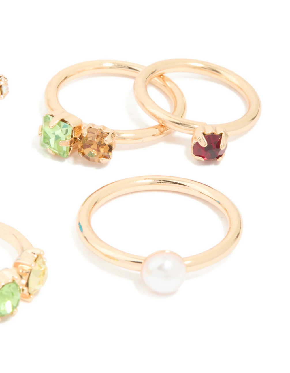 Gold Multicoloured Diamante & Pearl Rings 6-Pack - Image 3