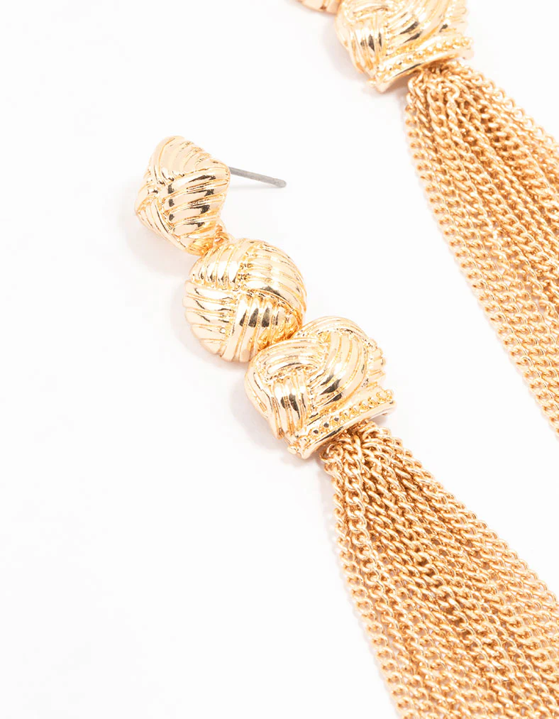 Gold Multiple Knit Tassel Drop Earrings - Image 2