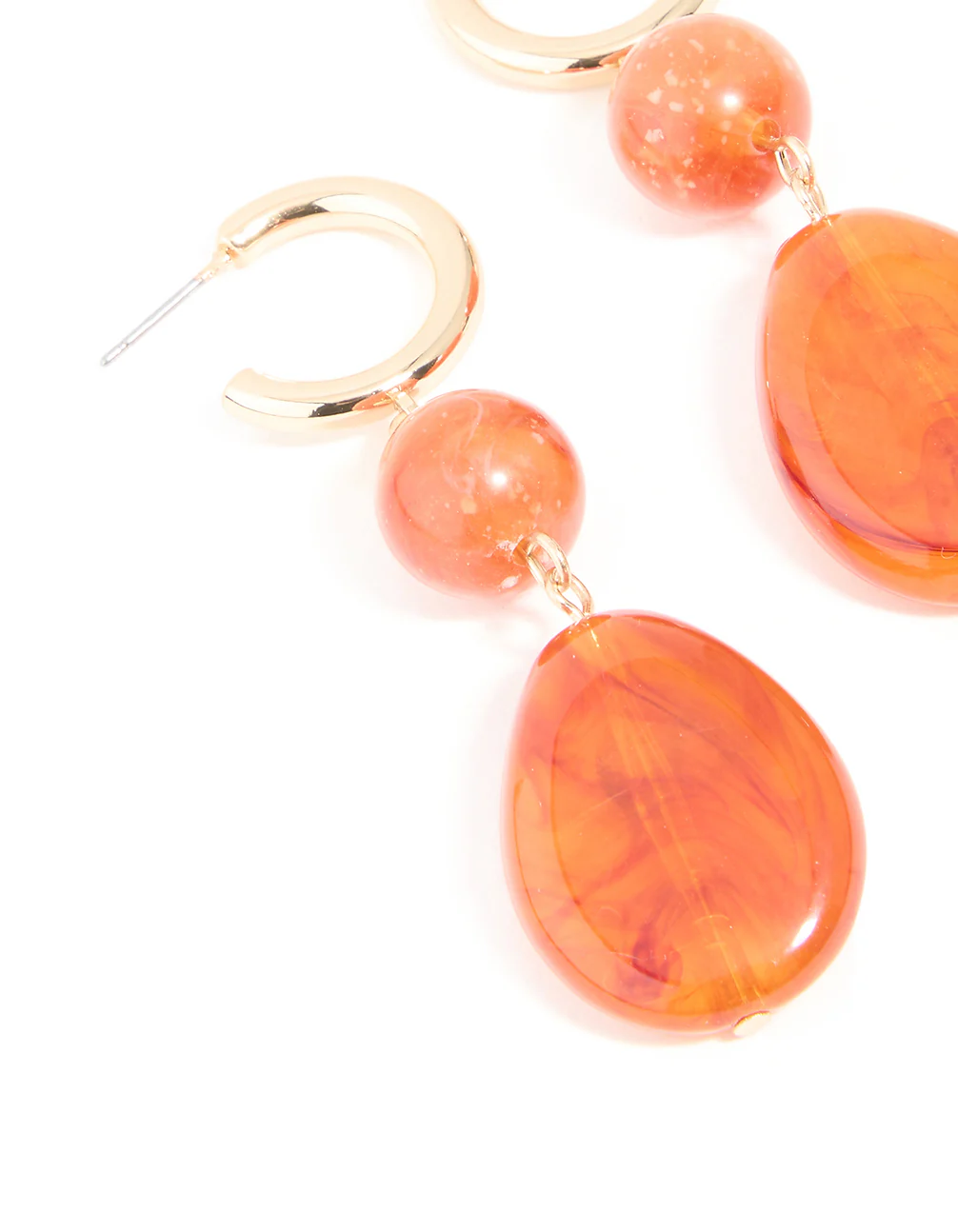 Gold Orange Resin Oval Drop Earrings - Image 2