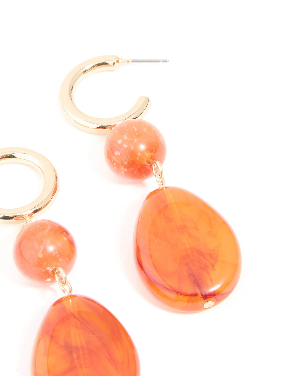Gold Orange Resin Oval Drop Earrings - Image 3