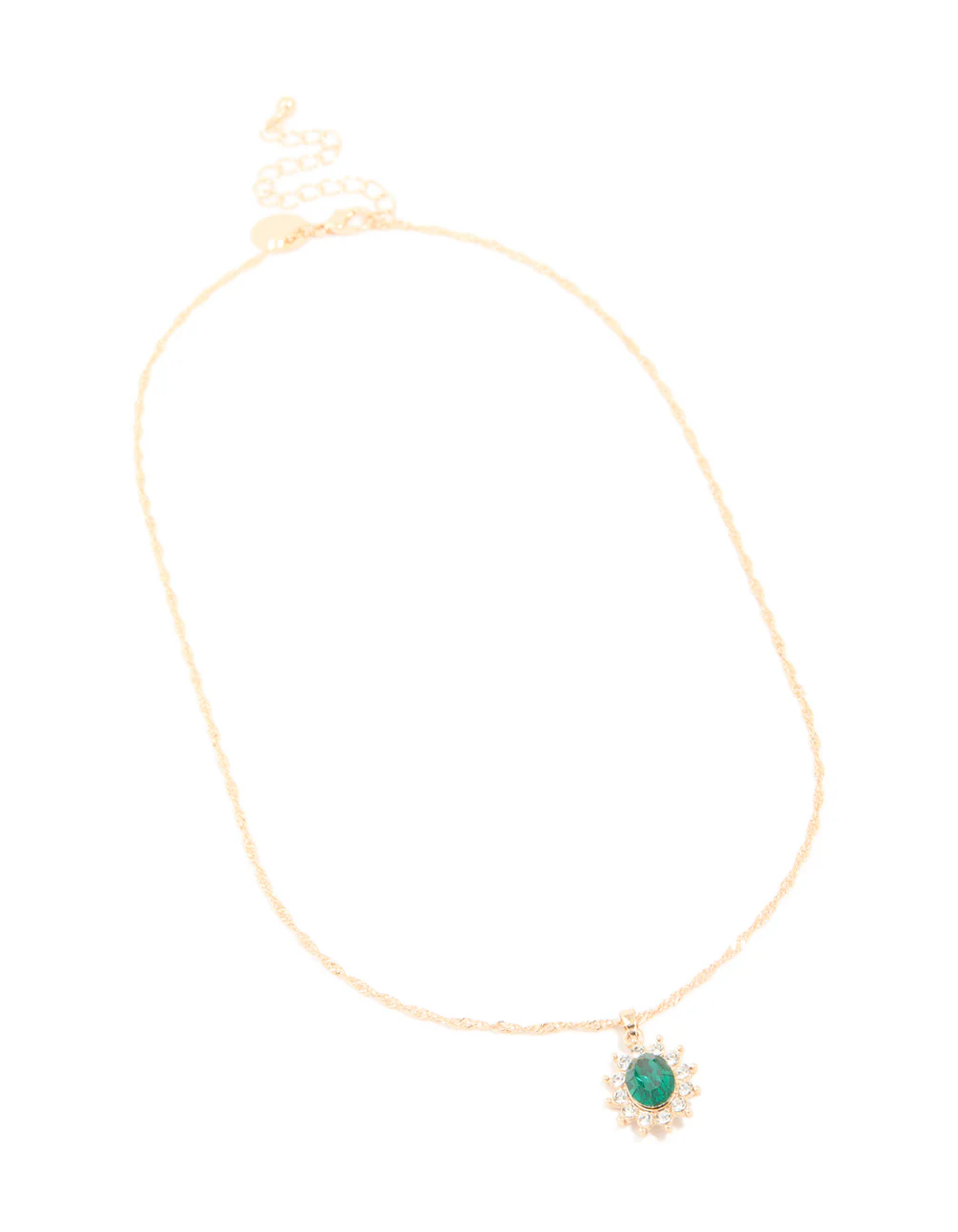 Gold Oval Green Diamante Pendant & Twisted Chain Necklace - Image 2