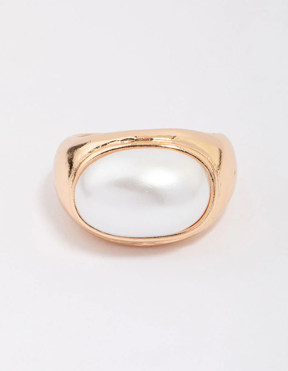 Gold Oval Pearl Chunky Cocktail Ring - Image 3