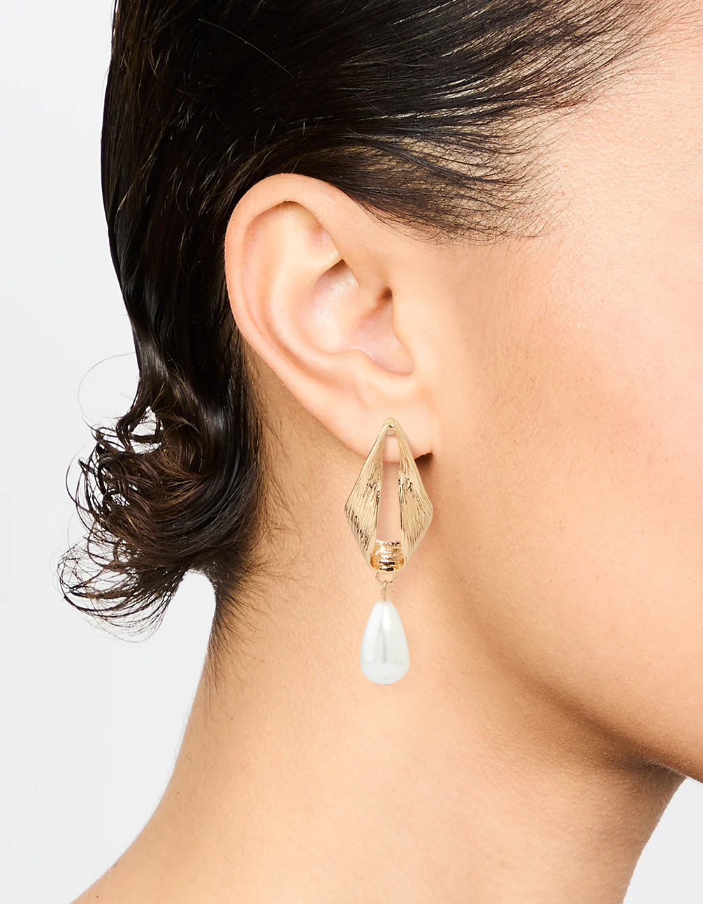 Gold Oval Pearl Drop Earrings - Image 2