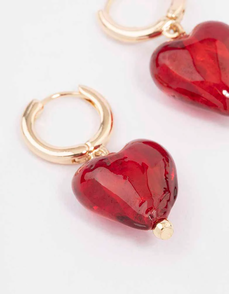 Gold Painted Red Heart Hoop Earrings - Image 2