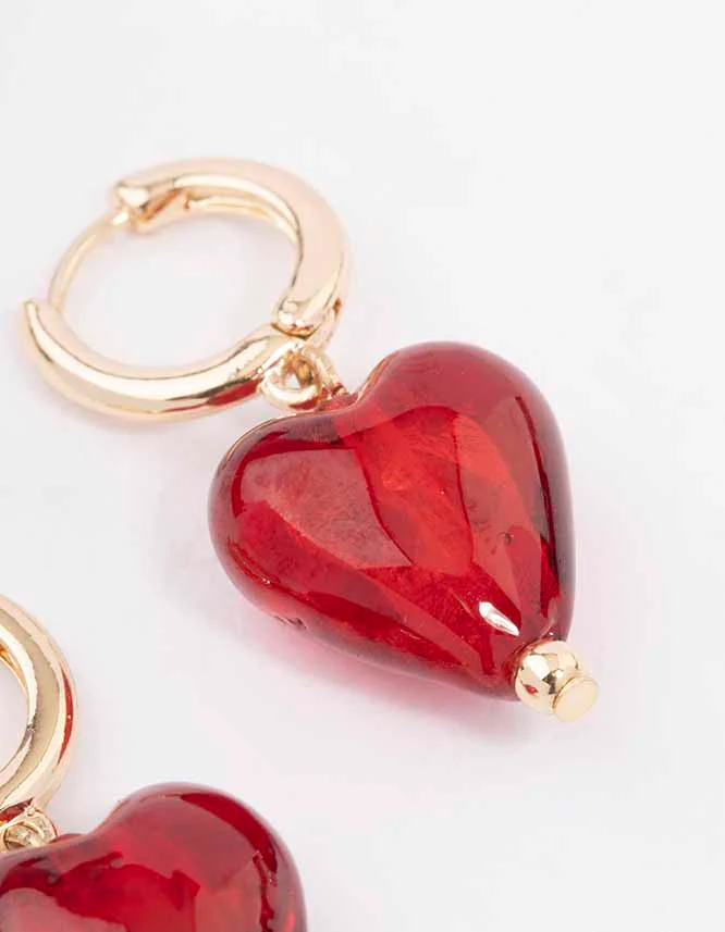 Gold Painted Red Heart Hoop Earrings - Image 3
