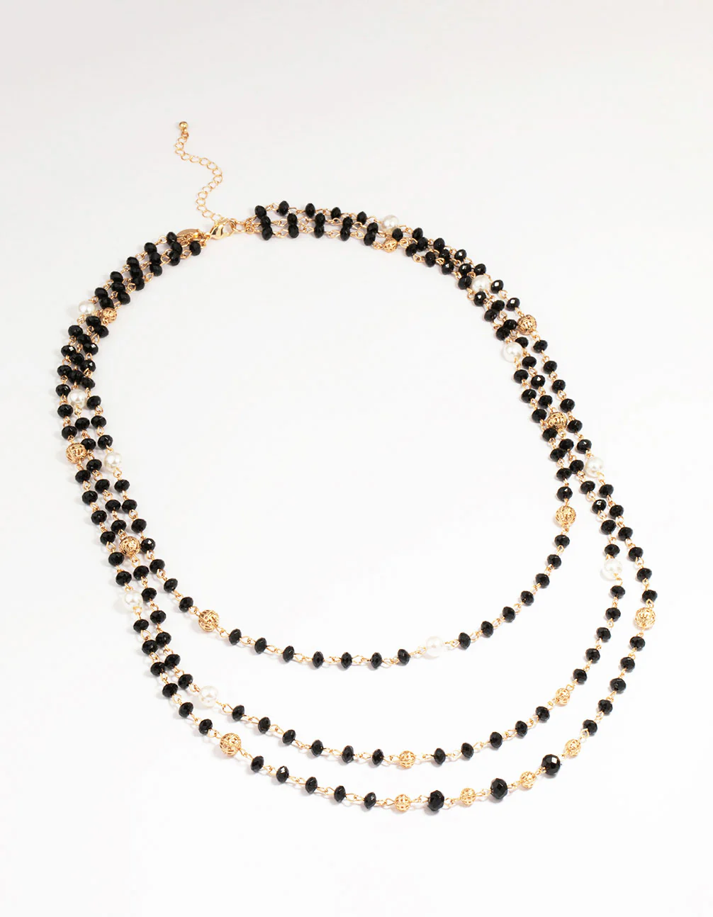 Gold Pearl Black Beaded Layered Necklace - Image 2