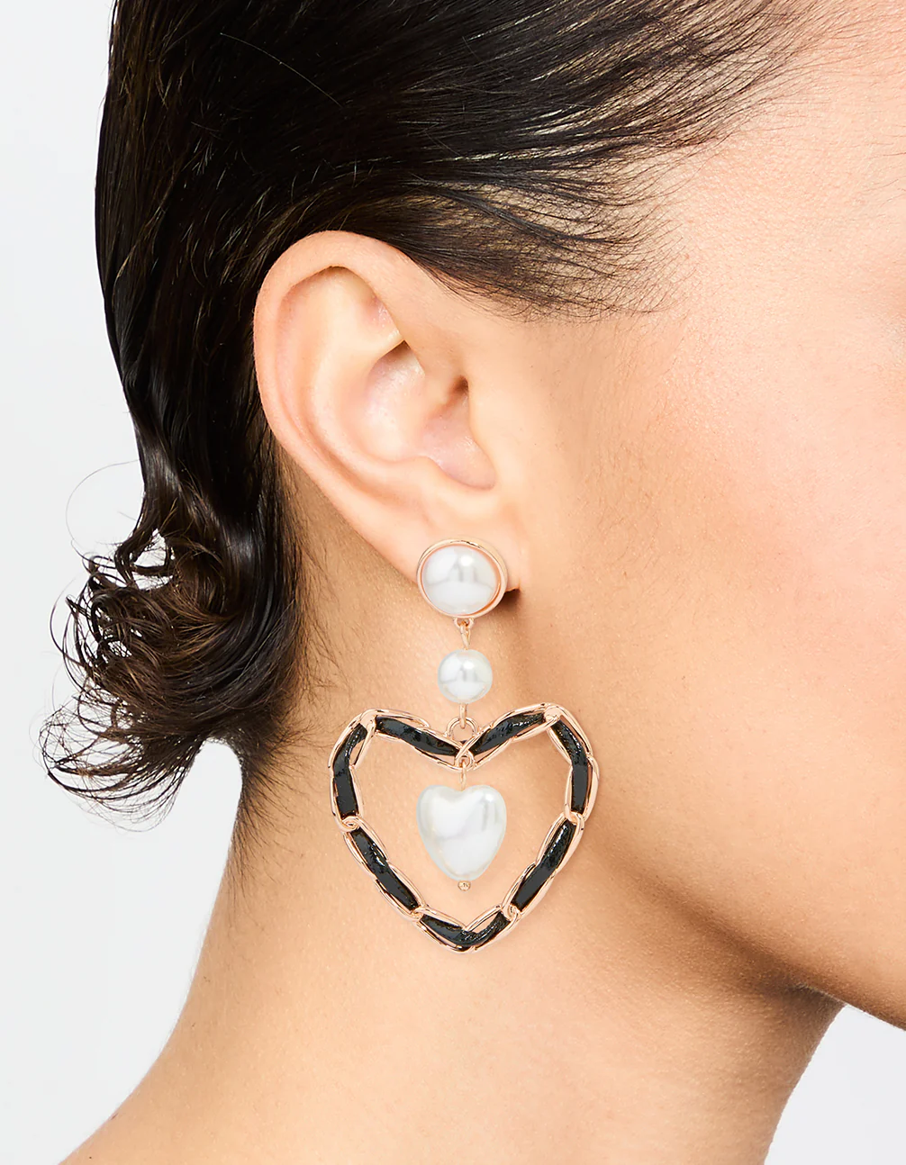 Gold Pearl Black Heart Drop Earrings - Image 2