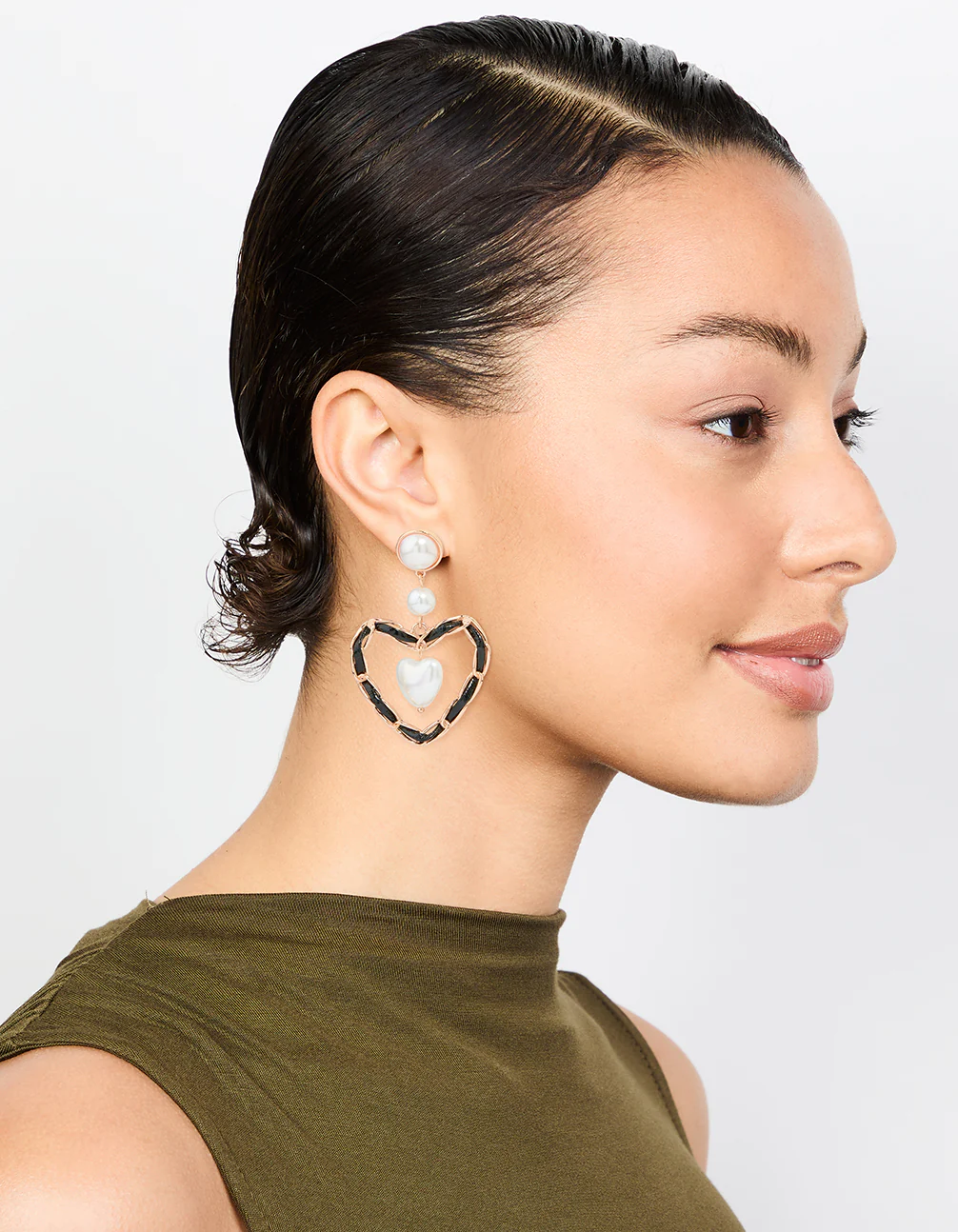 Gold Pearl Black Heart Drop Earrings - Image 3