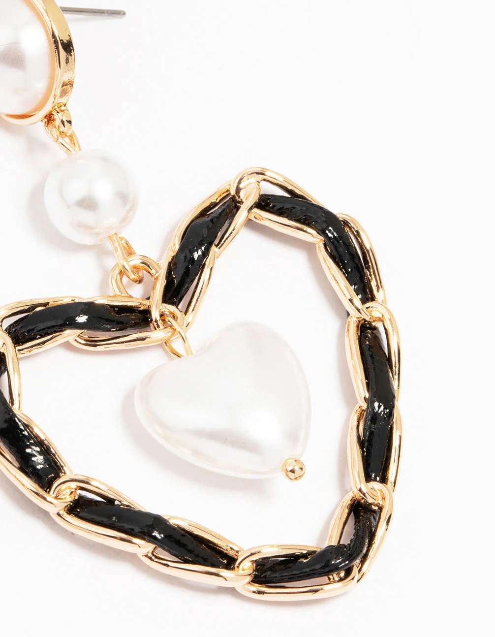Gold Pearl Black Heart Drop Earrings - Image 5