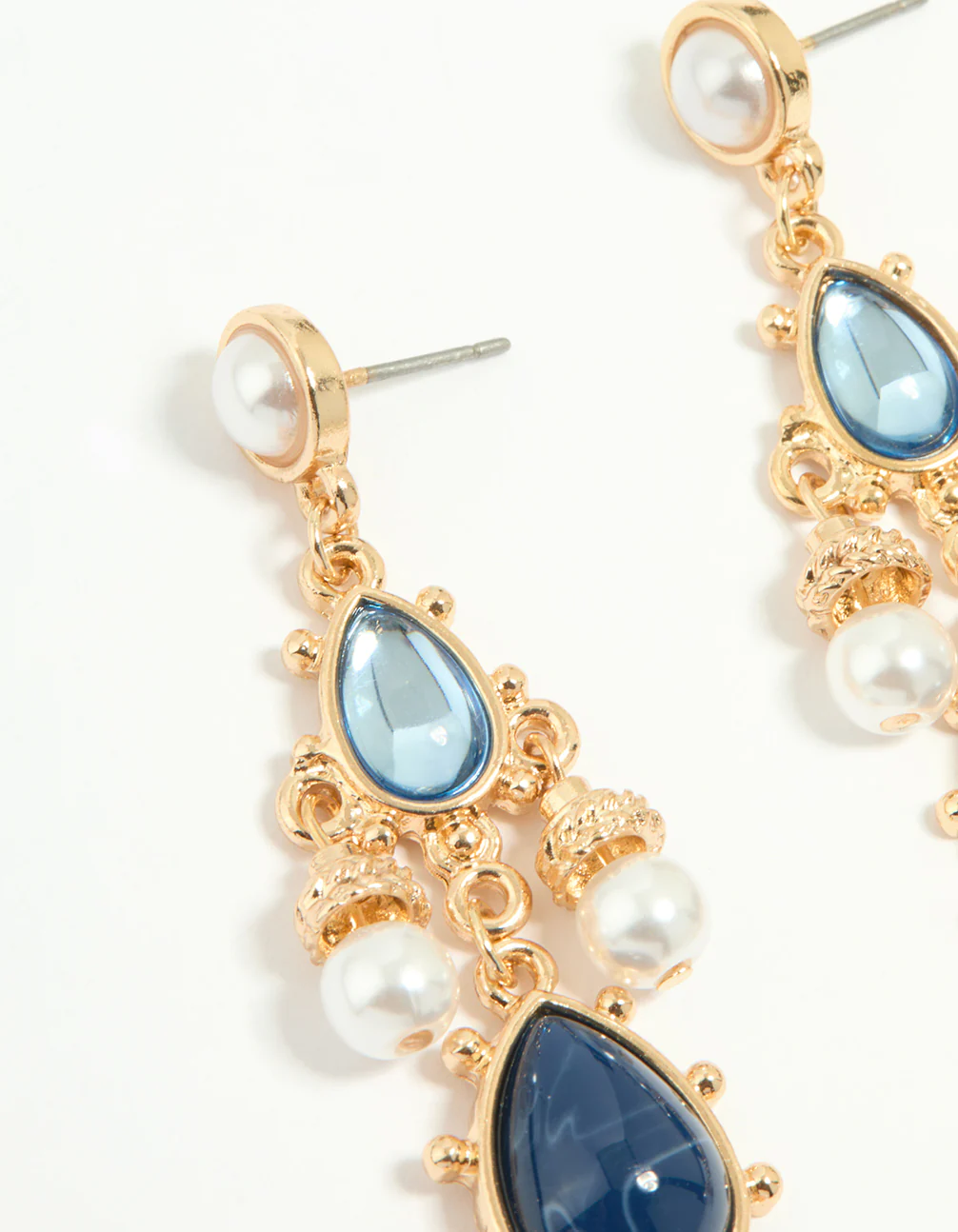 Gold Pearl Blue Diamante Teardrop Drop Earrings - Image 2