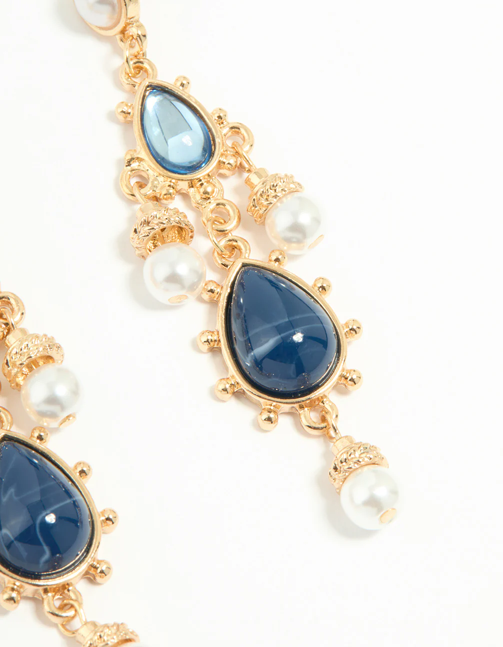 Gold Pearl Blue Diamante Teardrop Drop Earrings - Image 3