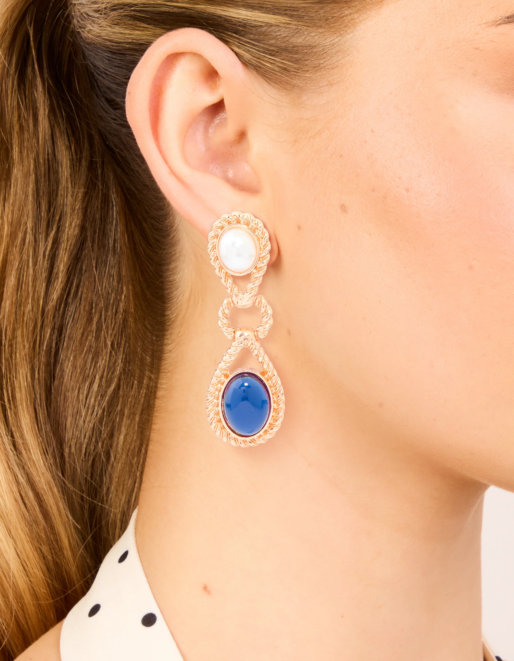 Gold Pearl & Blue Stone Textured Twisted Drop Earrings - Image 2