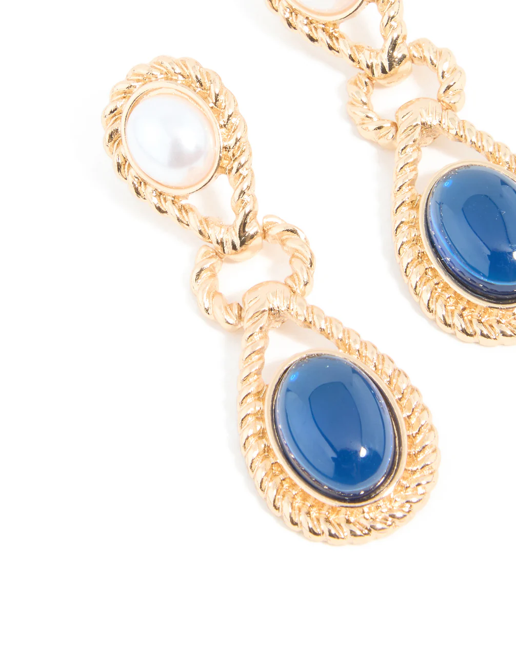 Gold Pearl & Blue Stone Textured Twisted Drop Earrings - Image 4