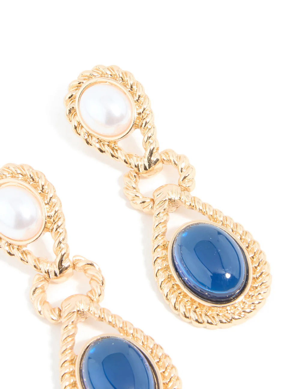 Gold Pearl & Blue Stone Textured Twisted Drop Earrings - Image 5