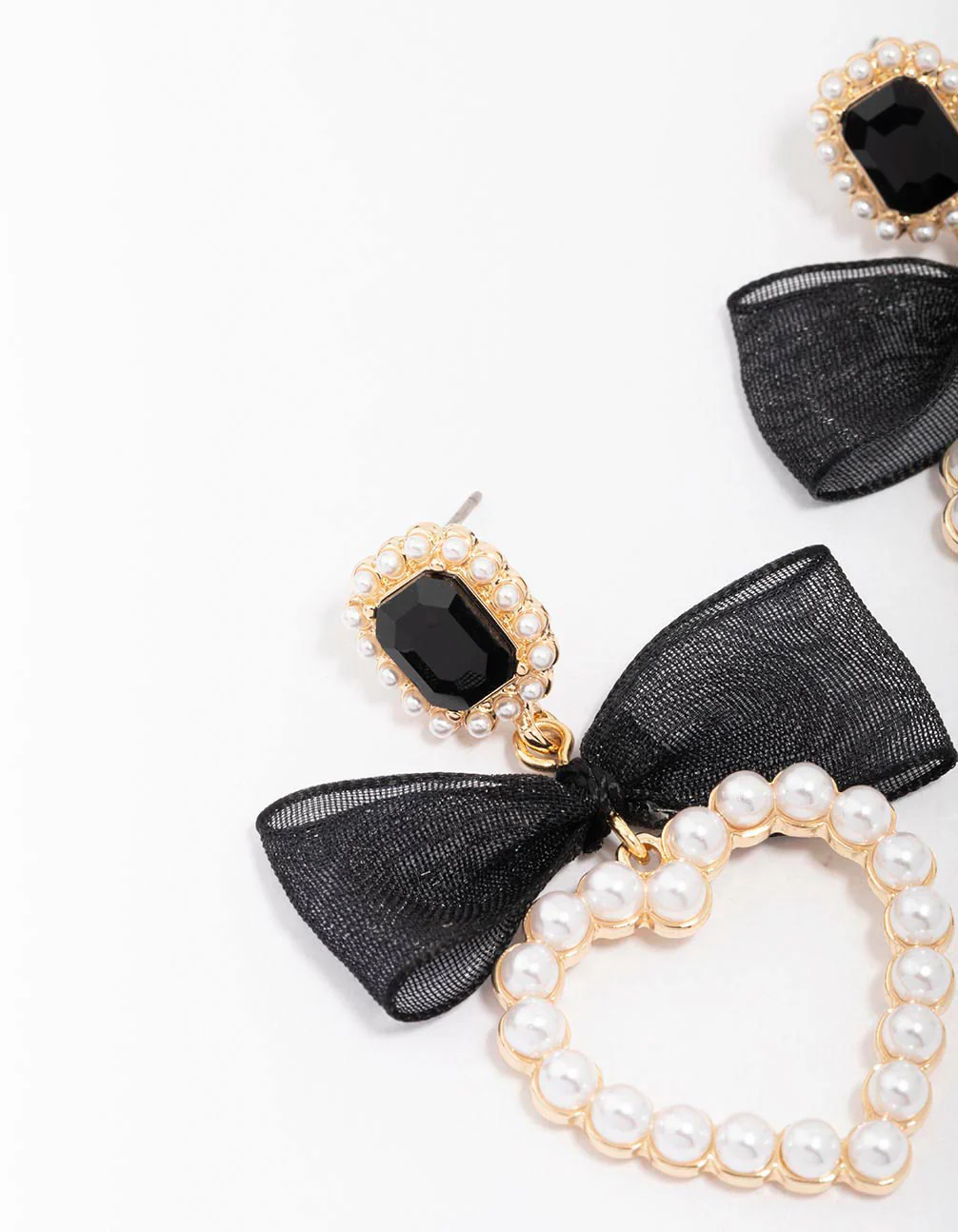 Gold Pearl Bow Heart Drop Earrings - Image 2
